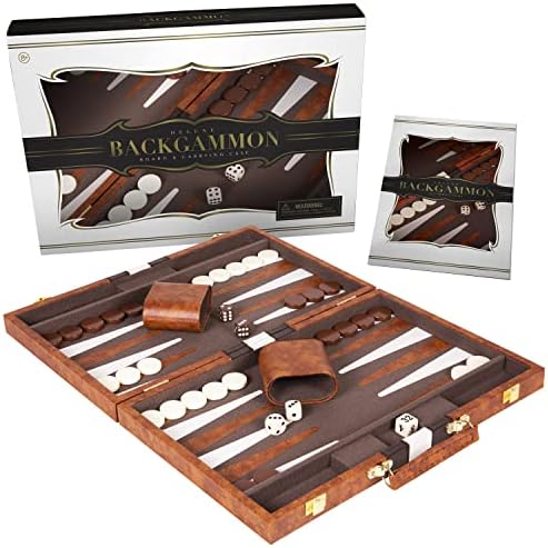 Crazy Games Backgammon Set - 2 players Classic Backgammon Sets for Adults Board Game with Premium Leather Case - Best Strategy & Tip Guide (Brown, Medium)