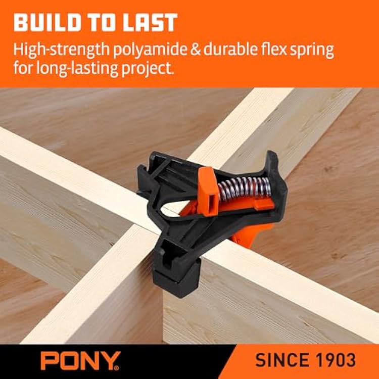 PONY 4-Pack Corner Clamp for Woodworking, 90 Degree Right Angle Clamp, Light-Duty Single Handle Wood Clamps, Adjustable Spring Loaded Woodworking Clamp, Frame Cabinet Wood Tools Accessories