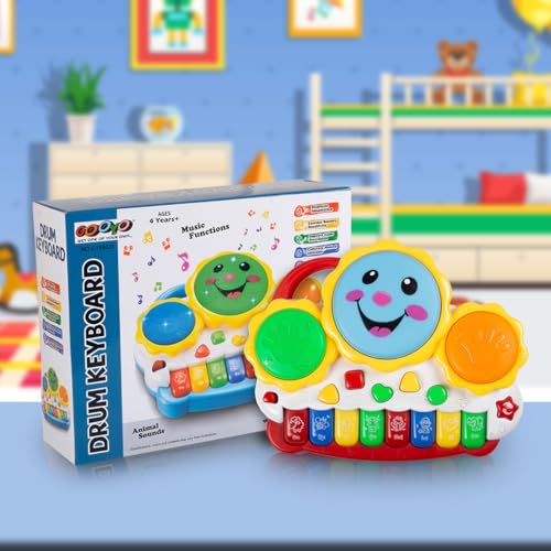 Image of Gooyo GY-88034 Musical Drum & Electronic Piano Keyboard Toy with Animals Sounds Flashings Lights & Music | Piano Keyboard Toy for Kids | Red | 3xAA Battery (Not Included) | Gift Box Packaging