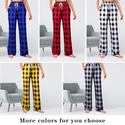 Calça de pijama feminina confortável, xadrez, casual, elástica, roupa de dormir com bolsos, Vermelho