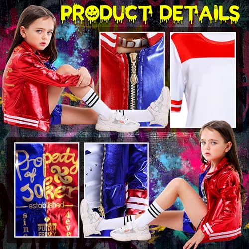 DUOLAM Quinn Cosplay Costumes Kids: Girls Villain Clown Costume Kit Includes Jacket, T-Shirt, Shorts, Inflatable Baseball Bat, Tattoo Stickers and Glove for Halloween Carnival (120) - Image 3