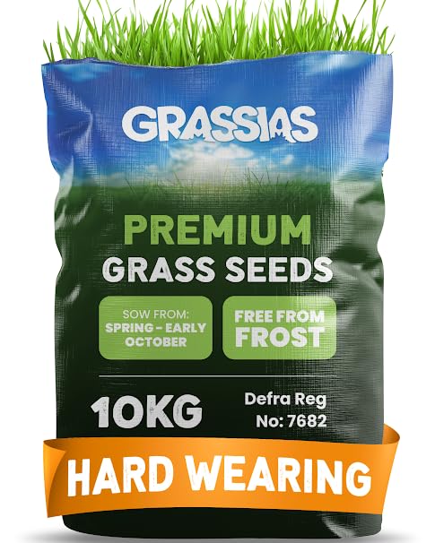 Grassias Premium Hard Wearing Grass Seed 10KG Premium Quality Lawn Seed for Overseeding & New Lawns Pet Friendly - Perfect Grass Seeds for UK Lawns - Defra Approved Lawn Seeds