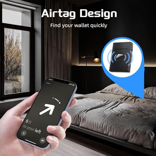 AirTag Wallet for Men,Smart Mens Minimalist Wallet Compatible with Apple Air Tag, RFID Blocking Pop Up Card Holder Wallet Holds 14 Cards with Cash Slot, ID Window, Gift for Men, Carbon Fiber Black4