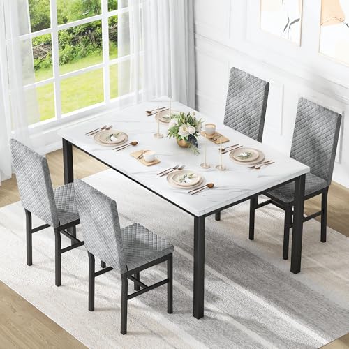 Recaceik Dining Table Set for 4, Modern 5 Piece Dining Table Set Faux Marble Kitchen Table & 4 Velvet Upholstered Chairs, Dining Room Set for Small Space - Image 3