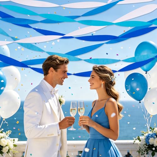 Image of Blue Streamers 8 Rolls Crepe Paper Streamers Party Decorations for Blue Birthday Party, Wedding, Engagement, Bachelorette and Baby Shower Boy