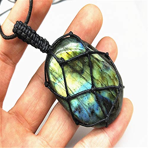Aitelei Natural Labradorite Crystal Necklace Healing Chakra Pendant With Hand-Woven Rope Labradorite Palm Stone Moonstone Healing Stone Pendant #TOP4