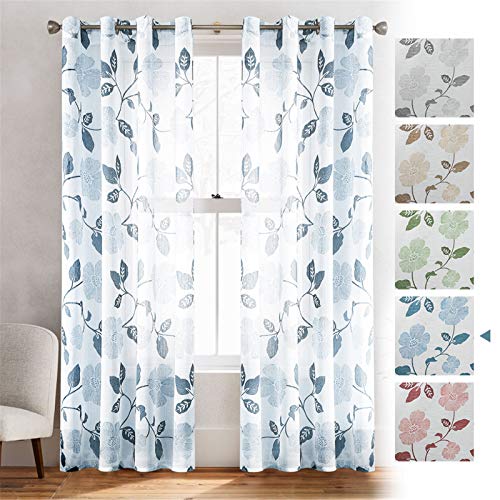MRTREES Cortinas Visillo Efecto Lino Voile de Dormitorio Translúcida Moderna de Hojas con Hebilla para Ventanas Sala de Niños Sala Comedor Baño 2 Piezas 140×225cm(An×L) Flores Azul