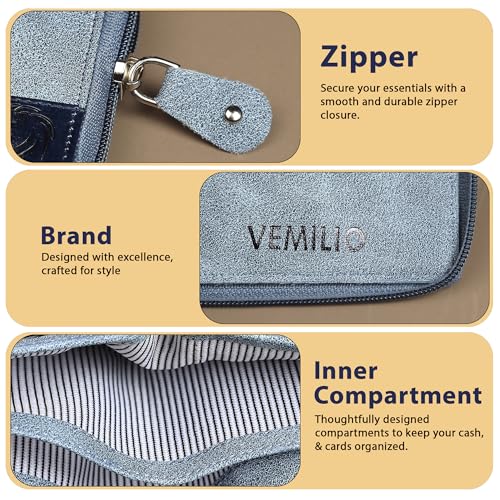 Image of VEMILIO Denim Chain Wallet for Men & Women- Rounded Design with 5 Card Slots | 2 Secret Compartments | 2 Cash Pockets | Zipper Coin Pocket (Blue)