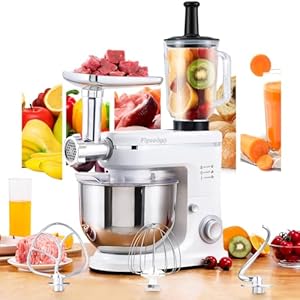Stand Mixer 7-IN-1 1500W 6.5 QT Multifunctional Electric Kitchen Mixer 6+P Speed Tilt-Head with Stainless Steel Bowl, 1.5L Glass Jar, Meat Grinder, Dough Hook, Whisk, Pasta Attachment