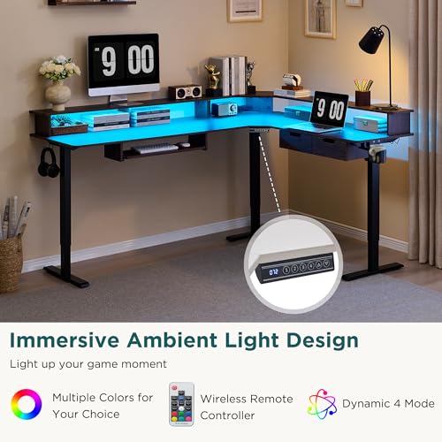 Image of RedLemon 75X60 Inches L Shaped Electric Standing Desk, Height Adjustable Corner Gaming Desk with Drawers, Keyboard Tray, Power Outlets & LED Lights, Computer Desk with Monitor Shelf, Dark Walnut
