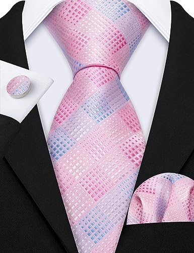 Image of Barry.Wang Plaid Ties Check Mens Necktie Set with Handkerchief Cufflinks Classic Stripe