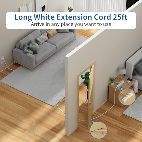 NTONPOWER Cordon de extensión largo de 25 pies, cordón plano para debajo de la alfombra, regleta con cable largo, regleta montable en pared con 4 tomas y 2 USB A + USB C, protección contra sobrecarga para interior, hogar, dormitorio y oficina miniatura 2
