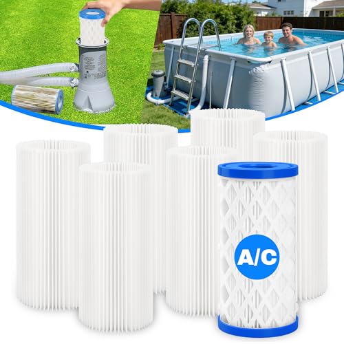 6 Pack Universal Pool Filters for Type A Type C or III Cartridge Pump, Reusable Pool Filter Type A/C for AboveGround Swimming Pools&SPA（Includes 1 Removable Cartriaqe and 6 Replacement Filter Papers)