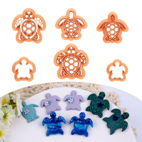 Puocaon Ocean Turtle Clay Cutters - 6 Pcs Embossed Turtle Clay Cutters for Polymer Clay Earrings, Ocean Life Clay Jewelry Cutters, 3D Print Sea Creature Polymer Clay Cutters for Earrings Jewelry
