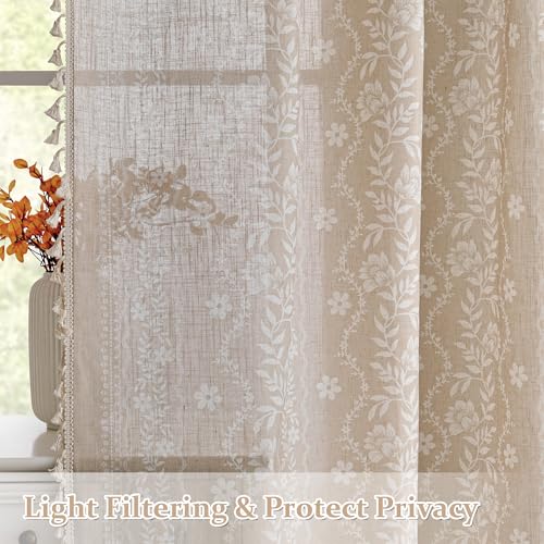Image of MYSKY HOME Taupe Boho Floral Linen Curtains 90 Inch Length for Living Room | Light Filtering Farmhouse Bohemian Curtains for Bedroom Semi Sheer Drapes with Beige Tassels Back Tab, 50 inch Wide, 2 Panels