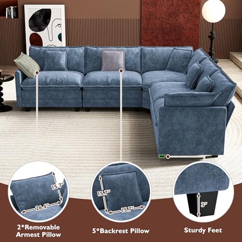 Image of Ihanherry 114 inch V-Shaped Modern Sofa Modular Sectional Cloud Couch with Corner Section, 5-Seat Chenille Deep Seat Sofa with 5 Pillows for Living Room, Bedroom and Apartment, Blue