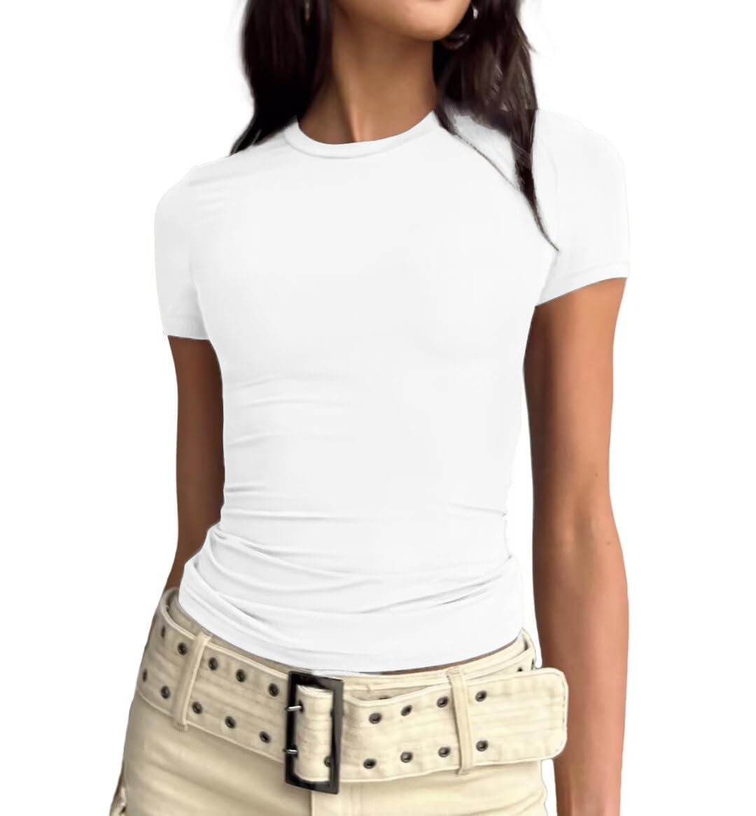 Cuptacc Tshirt Damen Rundhals T-Shirt Eng Damen Basic Y2k Top Einfarbig Shirt Kurzarm
