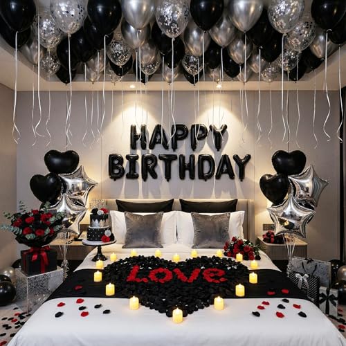 Romantic Birthday Decorations for Men with Black Silver Balloons Happy Birthday Banner Tea Lights and Rose Petals Birthday Decorations for Boyfriend Husband Anniversary Surprise Room Decor (73PCS)