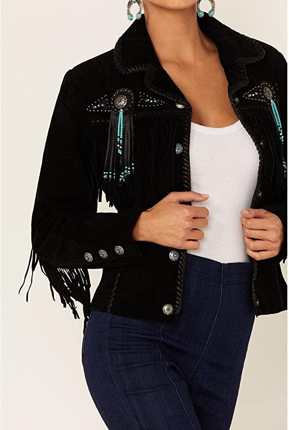 Western Genuine Leather Suede Jacket Women Native American Boar Cowlady Beaded & Fringe Cowgirl Jacket Tassels2