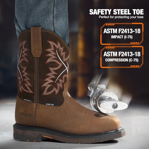 NINGO Mens Steel Toe Work Boots, Waterproof Square Toe Cowboy Boots for Men, Mens Slip on Safety Boots with Full-grain Leather, Oil Slip Resistant, EH Protection for Construction, Farming4