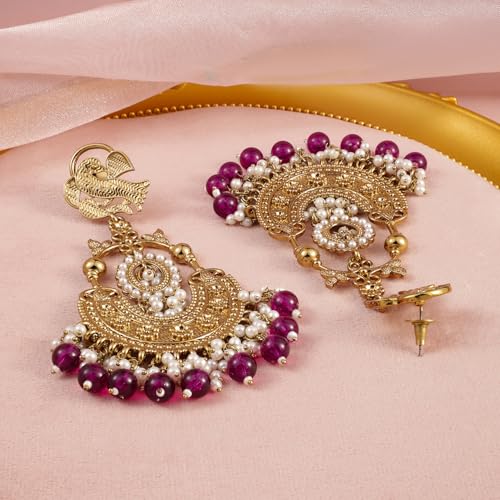 Image of Rubans Chandbali Earrings Kundan Pearl Beads Traditional Wedding Jewellery for Women & Girls