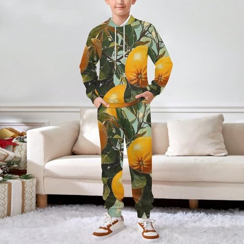 Boys Girls Sweatshirt Set 2 Piece Pullover Hoodie Kid Jogger Sweatpants, Passion Tropical Oranges Retro3