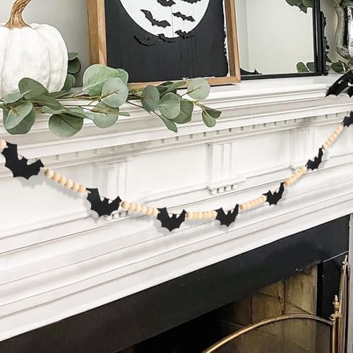 Halloween Decorations-Black Felt Bats Wood Beads Garland for Hall...