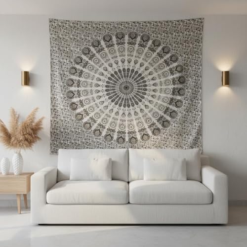 Image of Craft Trade 50x60 Inches Black and White Cotton Mandala Ombre Wall Hanging Tapestry
