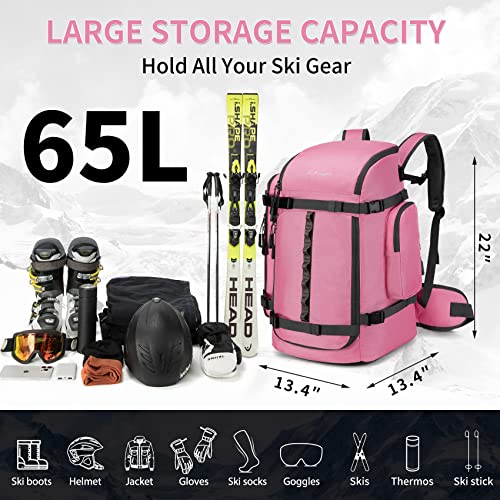 65L Ski Boot Bag-Pink 1680D Nylon Waterproof Ski Boot Backpack For Women Kids, Men Large Durable Travel Camping Hiking Backpack, Snowboard Bag For Ski Helmet, Goggles, Gloves, Jackets, Water Bottles #TOP2