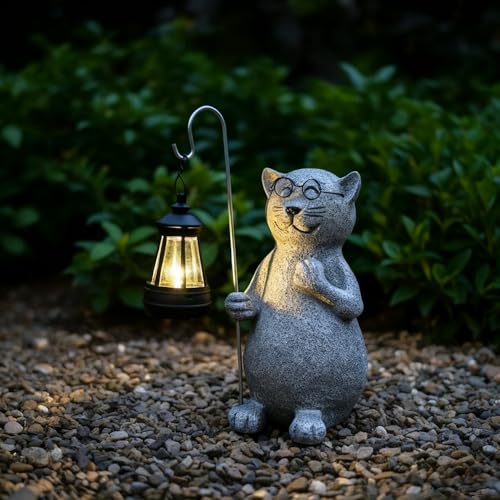 Image of lightsfever Animal Garden Statue with Solar Lantern, Cute for Patio,Balcony,Yard Decor, Lawn, Gift for Grandma (Gray Cat)