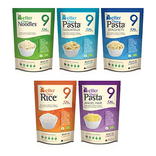 Better Than Foods Mixed Case (5 x 385g) - Noodles, Rice, Spaghetti, Angel Hair & Tagliatelle | Made from Organic Konjac Flour | Keto Paleo Diet and Vegan | Zero Sugar and Low Calorie Food