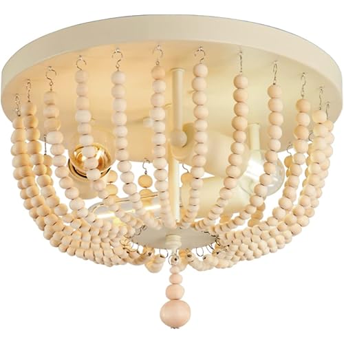 lifeholder Wood Beaded Chandelier,Rustic Ceiling Light Fixture, Semi-Flush Mount Chandelier, Boho Farmhouse Light Fixture for Bedroom Entryway Hallway Kitchen Living Room