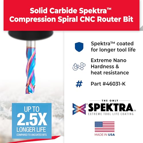 Image of Amana Tool Spektra Extreme Tool Life Solid Carbide CNC Compression Spiral Router Bit, 46031-K, 8 D x 1-1 /4 CH x 3 /8 SHK x 3 Inch Long 3 Flute