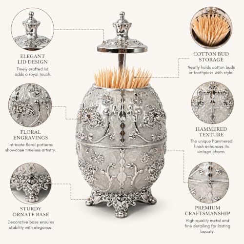 Image of Luxury Decorative Toothpick Holder for Dining Table - Handmade Faberge-Style Gold White Enamel Ornate Victorian Egg Shape Toothpick Dispenser Box | Unique Housewarming Wedding Gift