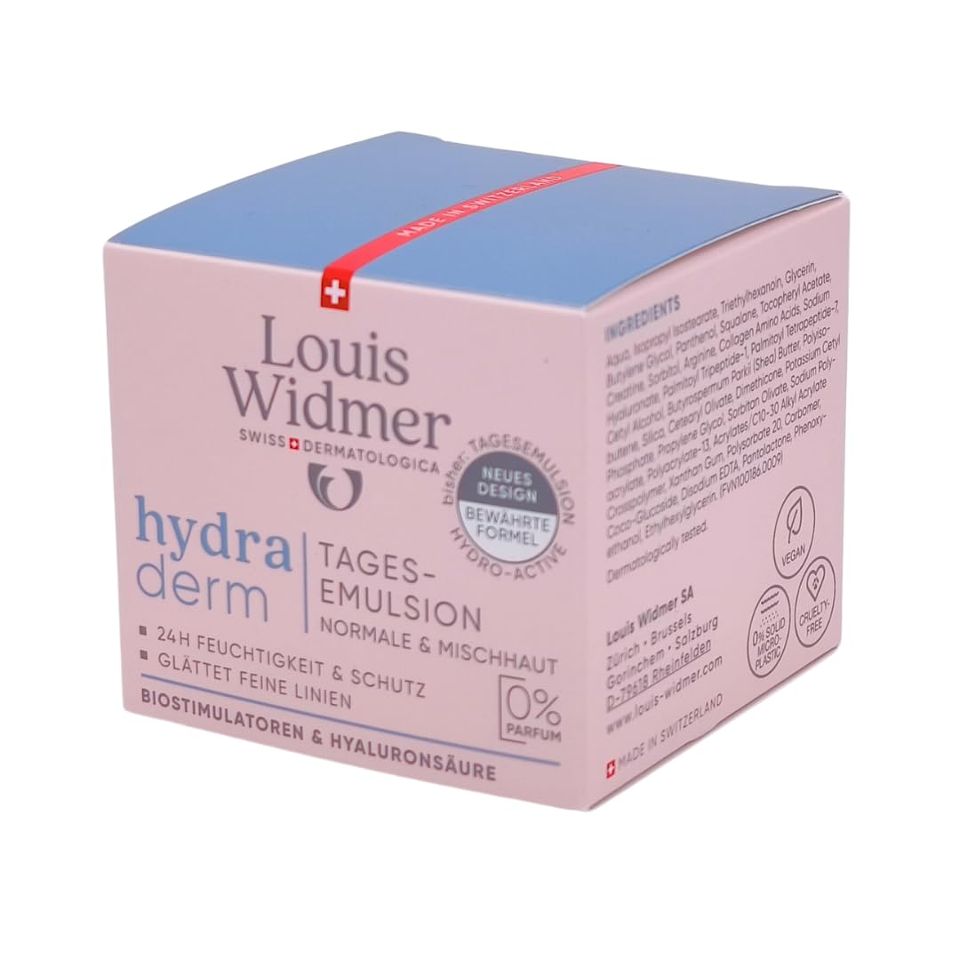 Louis Widmer hydraderm Tagesemulsion unparfümiert 3x 50 ml I für normale & Mischhaut I Anti-Ageing Tagespflege I intensive Feuchtigkeit I Hyaluronsäure I Spar-Set plus Pharma Perle give-away