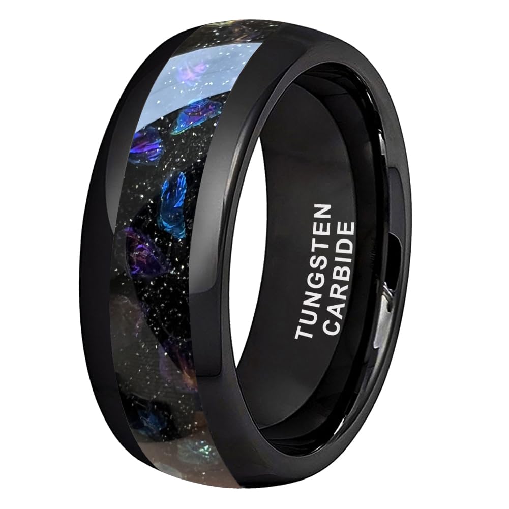 TUTISS 8mm Black Tungsten Rings for Men Women Outer Space Nebula Galaxy Blue Gemstone Purple Amethyst Inlay Engagement Wedding Band Polished Comfort