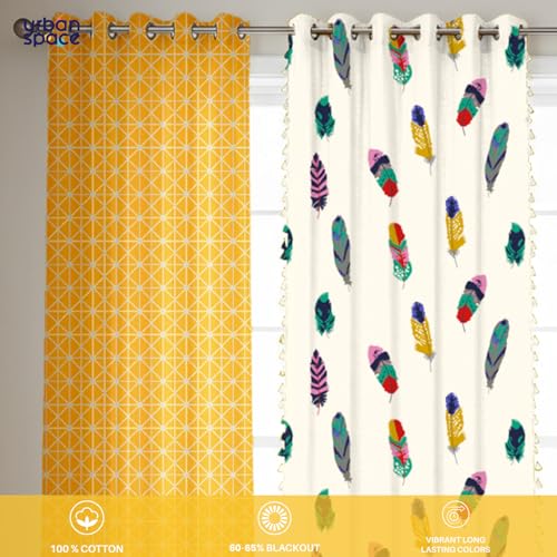 Image of Urban Space 100% Cotton Curtains for Window, Combo Set of 3 Curtains 5 feet Long, 60-65% Room Darkening Curtain, Tieback & Eyelets Included with Curtains for Home decor (Yellow Star, 5 Feet)