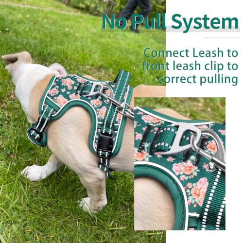 Image of HEELE Dog Harness, Reflective, No Pull No Choke, Flower Grass Green, S | Front Clip for Small Dog Harness, 2 Metal Rings with Handle, Adjustable, Soft Breathable Padded Pet Vest for Night Walking