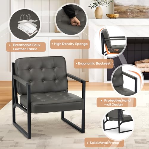 Image of COLAMY Accent Chairs Set of 2, Modern Accent Arm Chairs for Living Room, Comfy Leather Armchairs with Metal Legs for Bedroom Reception Room, Grey