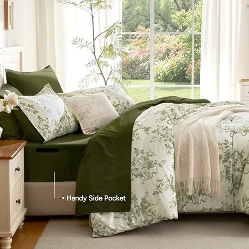Image of Andency Floral Olive Green Comforter Set Full Size, 7 Pieces Flower Lightweight Bedding Set for All Seasons, Soft Vintage Bed in a Bag with Comforter, Sheets, Pillowcases & Shams