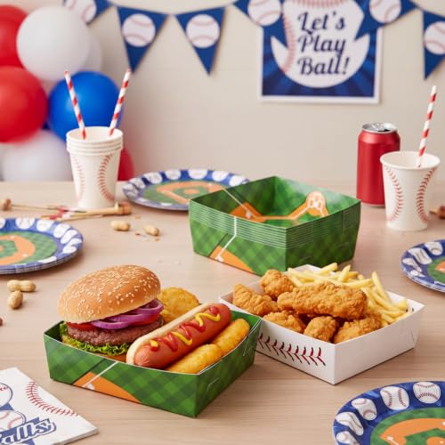 Image of Teling 36 Pcs Large Baseball Plates Party Trays 5 Lb Food Boat,White | Paper Plates with Baseball Designs, Holds Nachos Burgers Fries, For Softball Birthday Party Supplies, Serving Snack Boats