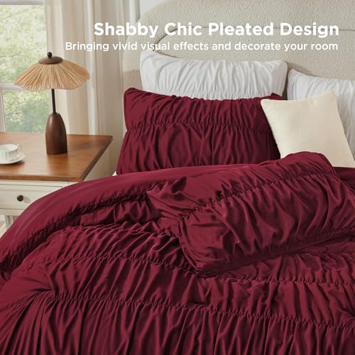 Image of Andency Ruched Burgundy King Size Comforter Set, Shabby Chic Pleated Bedding Sets 3 Pieces, Lightweight Soft Boho Ruffle Bed Set for Girls, Kids, Women, All Season