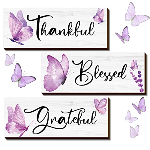 Gerrii 3 Pcs Purple Butterfly Wall Decoration Thankful Grateful Blessed Wooden Signs Inspirational Butterfly Wall Art Lavender Flower Gift for Kitchen Hanging Wedding Room Bathroom Bedroom