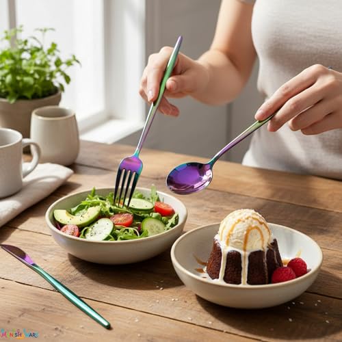 Image of Slim Handle Rainbow 12 Pcs Stainless Steel Cutlery Set for Dining Table, Dishwasher Safe Glossy Flatware (3 Spoon Set + 3 Forks Set + 3 Butter Knife + 3 Dessert Spoon)