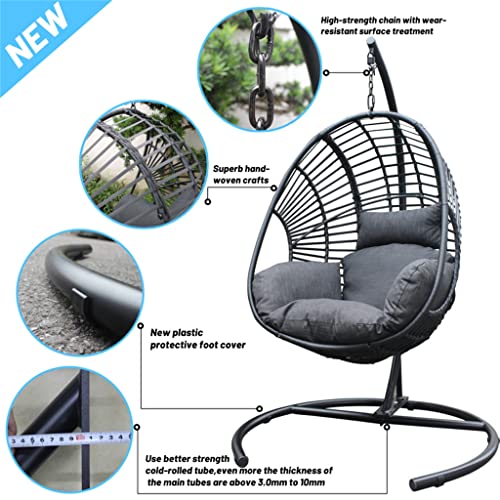 Walnut Pe Wicker Swing Egg Chair With Antracite Color Cushion And Black Color Base, For Outdoor Indoor, Black Color #TOP4