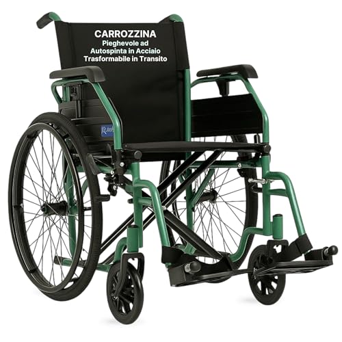 REMEDIA ONE - Carrozzina Pieghevole ad Autospinta in Acciaio Verde - Sedia a Rotelle per Anziani e Disabili Trasformabile in Transito