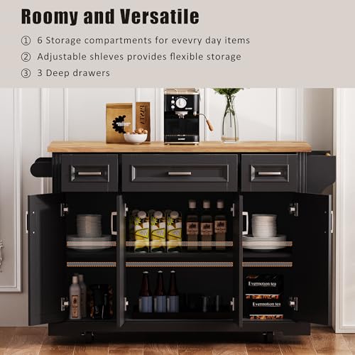 Yayzy Rolling Kitchen Island with Drop Leaf, 4 Cabinet Doors, 3 Drawers & Side Storage Racks, Mobile Kitchen Cart with Rubberwood Top & Locking Wheels for Dining Room & Kitchen, 54-Inch, Black - Thumbnail 3