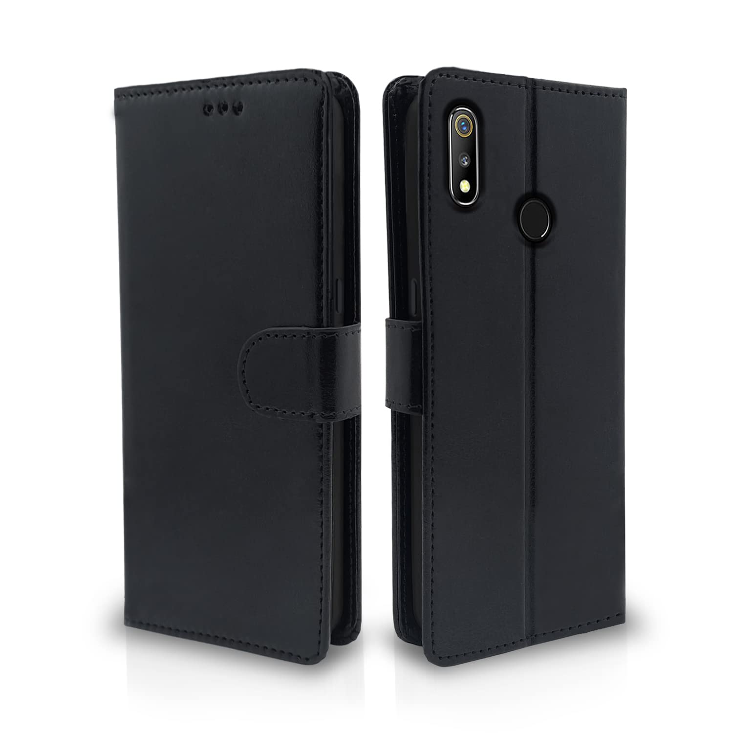 Pikkme Realme 3 / 3i Flip Case Leather Finish | Inside TPU with Card Pockets | Wallet Stand and Shock Proof | Magnetic Closing | Complete Protection Flip Cover for Realme 3 / 3i (Black)
