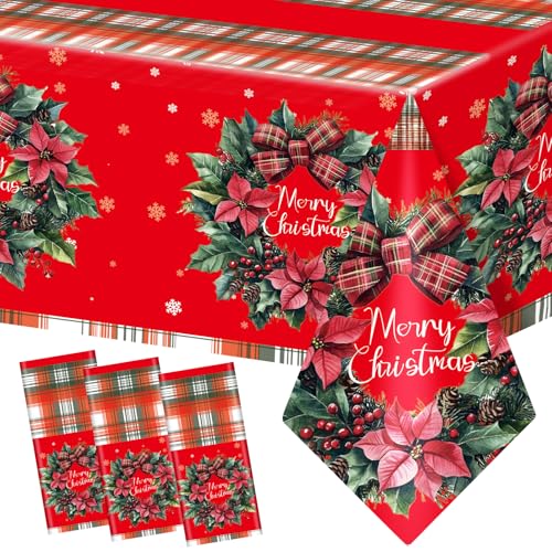 Plastic Christmas Tablecloth 54x108 Inch 3-Piece Set,Disposable Festive Red Poinsettia Pattern Holiday Dining Table Cloth for Christmas Party & Baby Shower Decorations