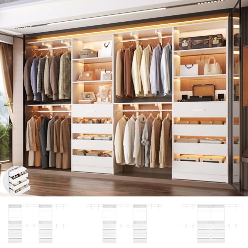 Aheaplus Closet System with 8 Wooden Drawers, Wood Closet Organizer System with Tower, Walk-in Closet Organizer Wardrobe Clothes Rack with 4 Hanging Rods, Garment Rack, Cut to Fit 7-12Ft, White